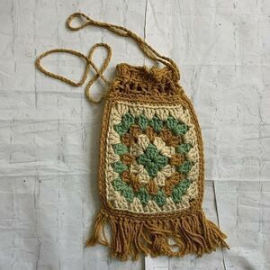 Crocheted Granny Square Cinch Purse with Fringe